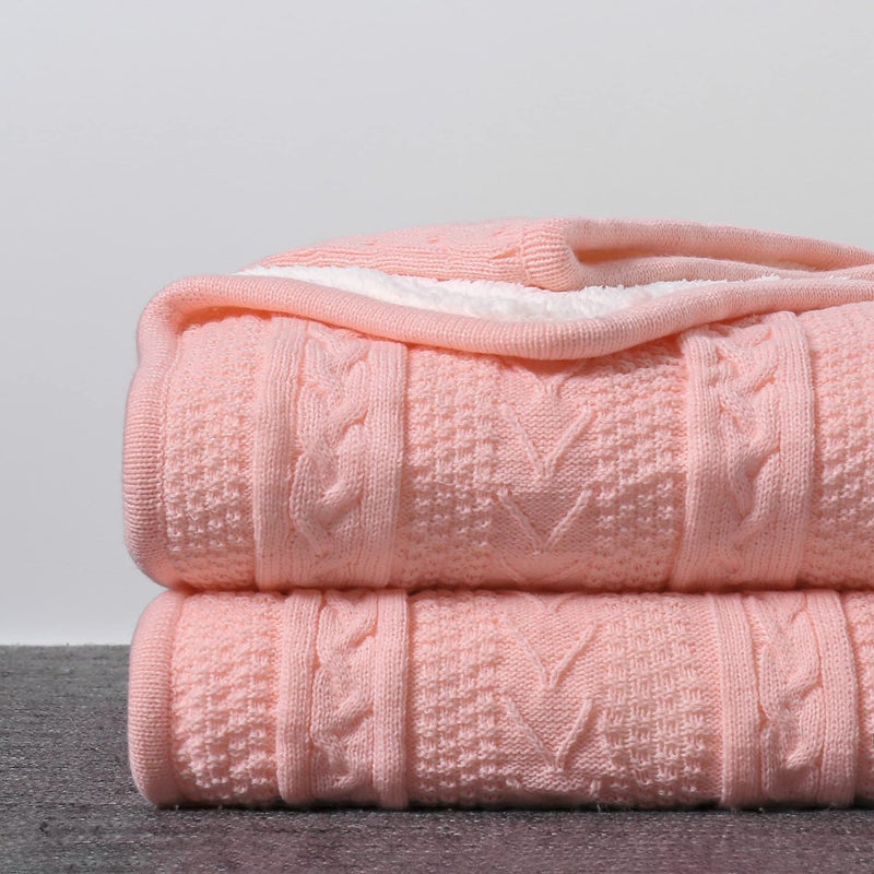Longhui bedding Pink Acrylic Cable Knit Sherpa Throw Blanket - Thick  Soft  Big  Cozy Knitted Fleece Blankets for Couch  Sofa  Bed - 50"" x 63"" - Image 1